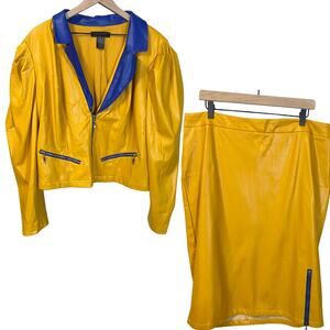 Ashley Stewart Jacket & Skirt Set Mustard Yellow Blue Faux Leather Retro Suit 18